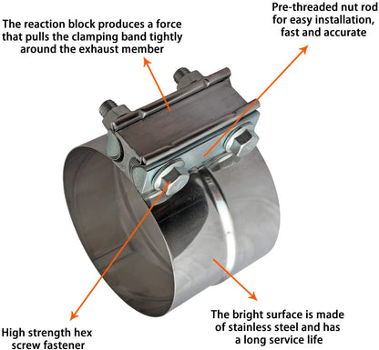 4" Inch Exhaust Clamps Stainless Steel Muffler Band Clamp for 4" Inner Diameter to 4.5" Outer Diameter Turbo Downpipe Tip Exhaust Pipes Connection (2 Pack)