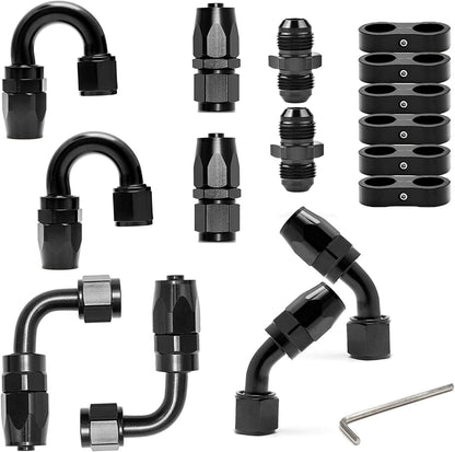 6AN Swivel Fuel Hose End Fitting Straight 45 Degree 90 Degree 180 Degree 6AN Hose Separator Clamp 6AN to 6AN Male Coupler Adapter Fitting for Braided Fuel Line Aluminum Black