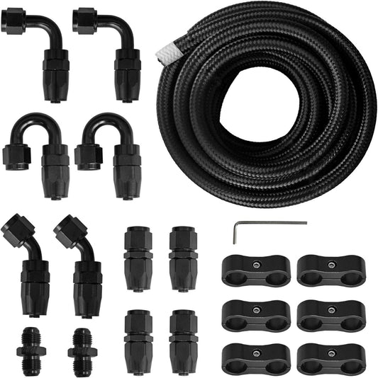 16ft 6AN Black Nylon Braided Fuel Oil Hose Fuel Line 10pcs 6AN Hose Fitting Kit 6pcs 6AN Hose Separator Clamp 2pcs 6AN to 6AN Male Coupler Adapter Straight Fitting
