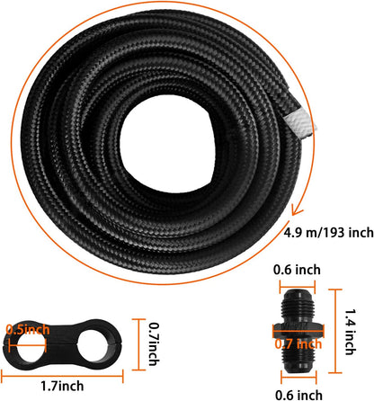 16ft 6AN Black Nylon Braided Fuel Oil Hose Fuel Line 10pcs 6AN Hose Fitting Kit 6pcs 6AN Hose Separator Clamp 2pcs 6AN to 6AN Male Coupler Adapter Straight Fitting