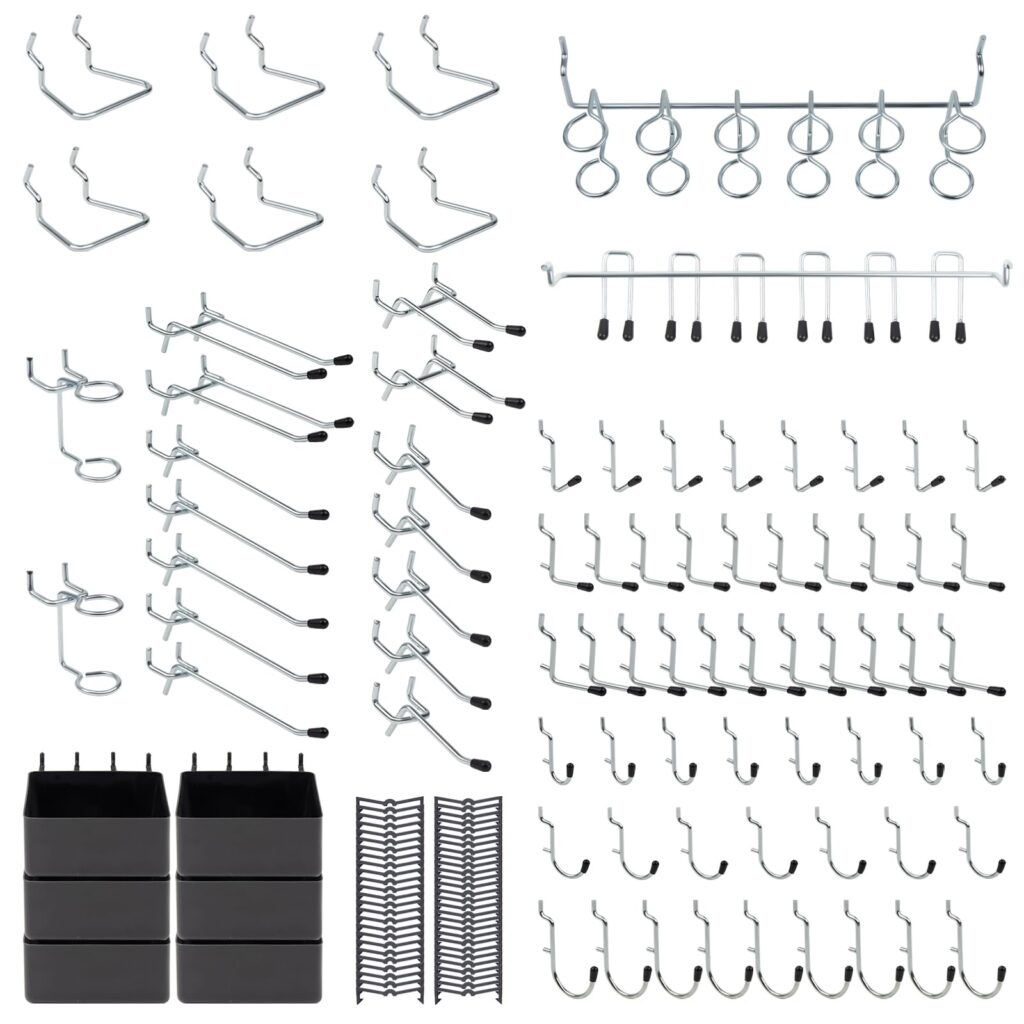 Professional Metal Pegboard Organizer Kit – Chrome Plated Hooks & Storage Bins – Universal 1/4″ & 1/8″ Tool Storage System with Peg-Locks for Garage & Workshop